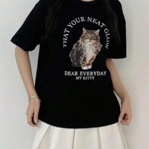 SHEIN Unisex Black Graphic Cat T-Shirt – “Dear Everyday My Kitty” Cotton Tee