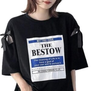 LogiFirst Women’s Black Oversized Graphic Tee with Sleeve Bows – Size M
