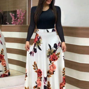 LogiFirst XL Black-Top & White Rose Floral Maxi Dress – Long Sleeve A-Line Elegance