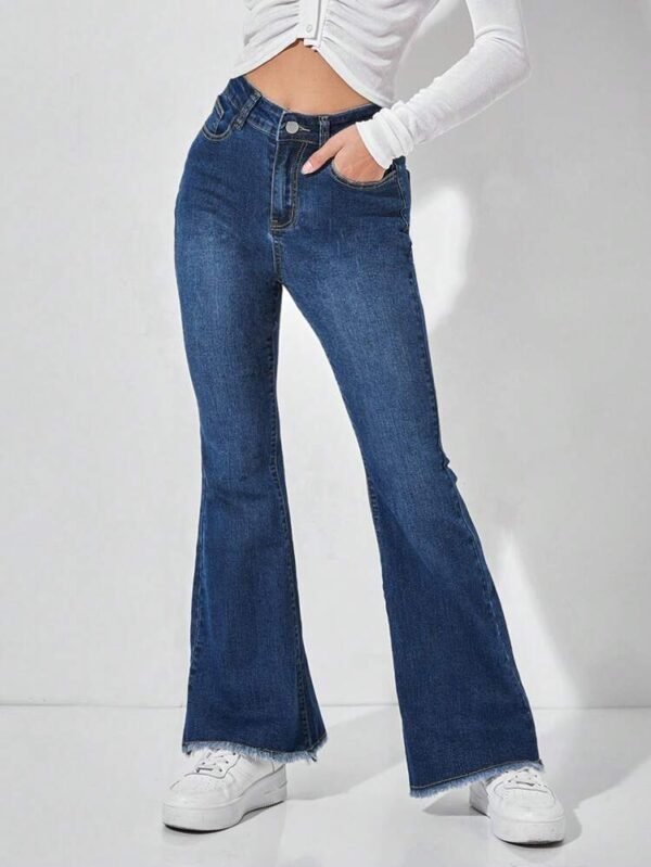 LOGIFIRST Women's Dark Wash High Waist Flare Jeans with Raw Hem - Size L