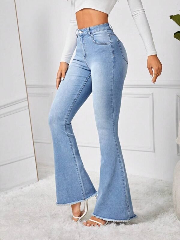 SHEIN Women's Light Wash High Waisted Flare Jeans with Raw Hem - Size L