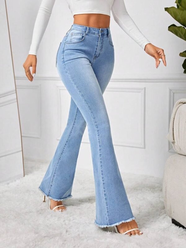 SHEIN Women's Light Wash High Waisted Flare Jeans with Raw Hem - Size L
