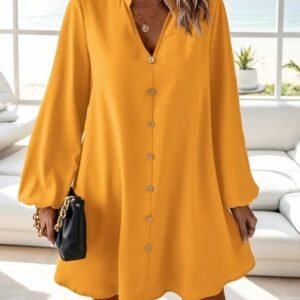 SHEIN Women's Mustard Yellow Button Front V-Neck Lantern Sleeve Mini Dress - Size XS