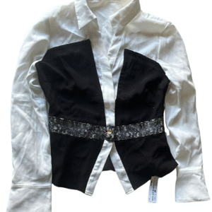 MOTF Women’s Black & White Colorblock Blouse – Long Sleeve Shirt with Lace Waist Detail, Size M