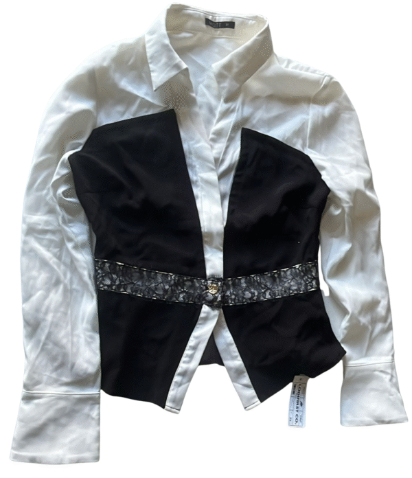MOTF Women’s Black & White Colorblock Blouse – Long Sleeve Shirt with Lace Waist Detail, Size M