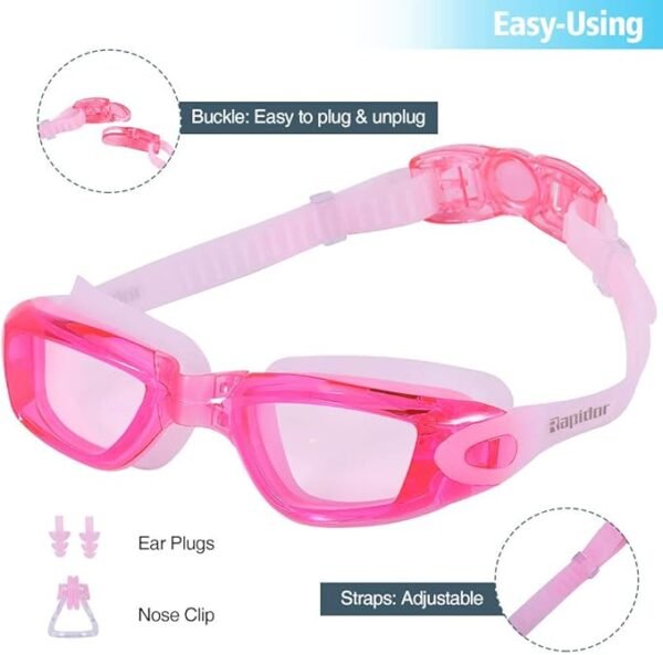 Logifirst Easy-Adjust Pink Swimming Goggles with Ear Plugs & Nose Clip - Anti-Fog & UV