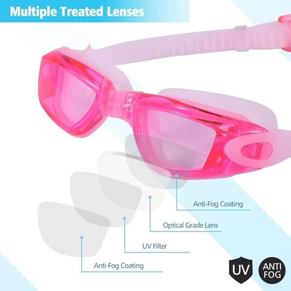 Logifirst Easy-Adjust Pink Swimming Goggles with Ear Plugs & Nose Clip - Anti-Fog & UV