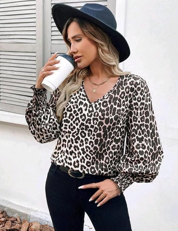 Shein Plus Size 5XL Leopard Print V-Neck Blouse with Shirred Cuffs
