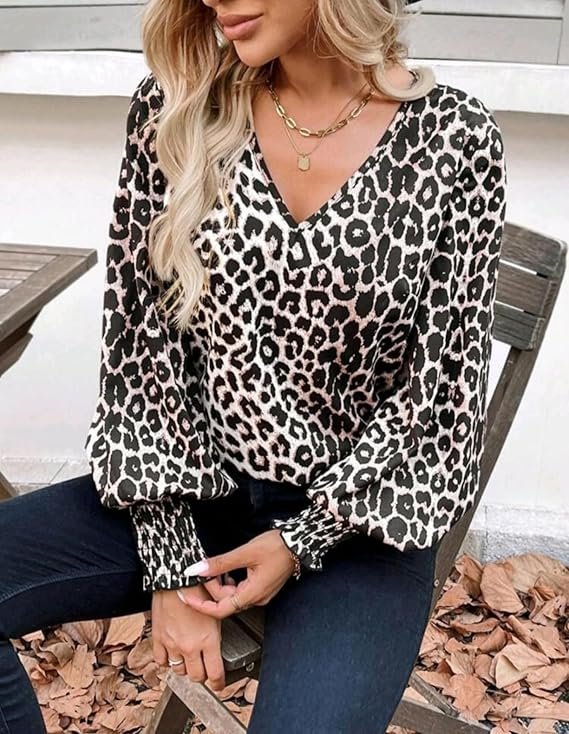 Shein Plus Size 5XL Leopard Print V-Neck Blouse with Shirred Cuffs