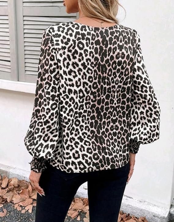 Shein Plus Size 5XL Leopard Print V-Neck Blouse with Shirred Cuffs