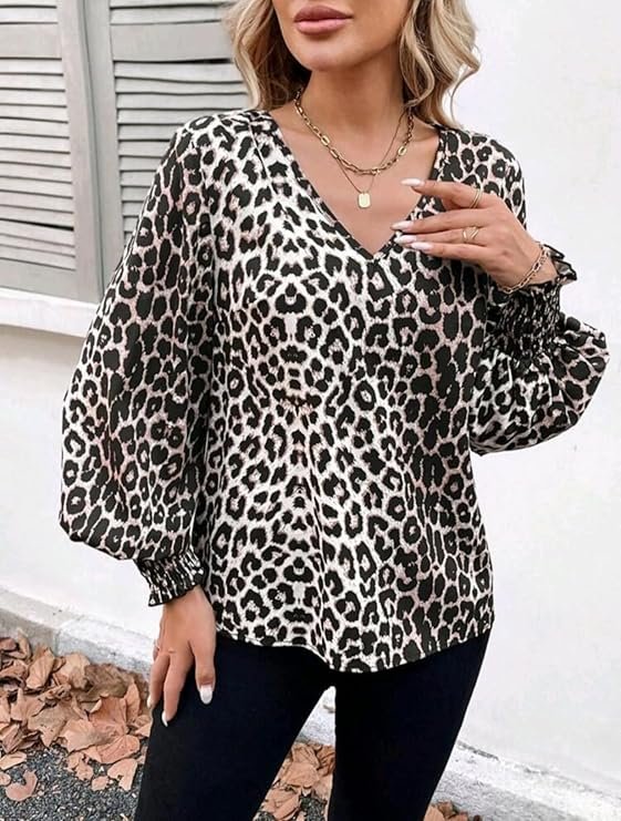 Shein Plus Size 5XL Leopard Print V-Neck Blouse with Shirred Cuffs