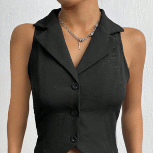 Shein Women’s Sleeveless Black Lapel Collar Vest Top – Button Front Fitted Blouse, Size S