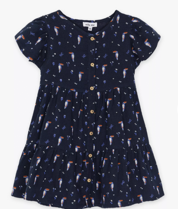 Milla Star Girls' Navy Blue Toucan Print Tiered Dress - Short Sleeve, Size 98