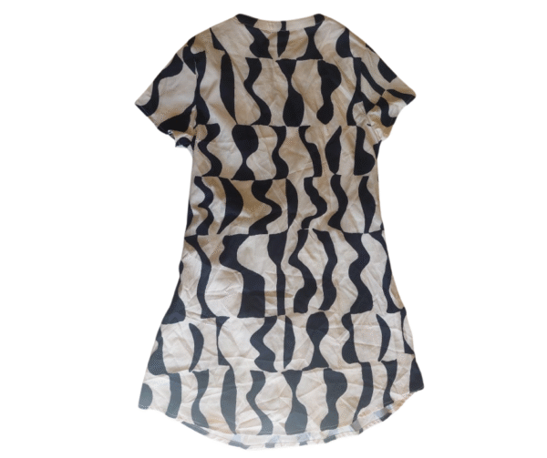 SHEIN XS Women's Abstract Print V-Neck Tunic Dress with Tie Waist - Black & White