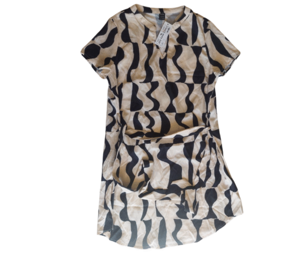 SHEIN XS Women's Abstract Print V-Neck Tunic Dress with Tie Waist - Black & White
