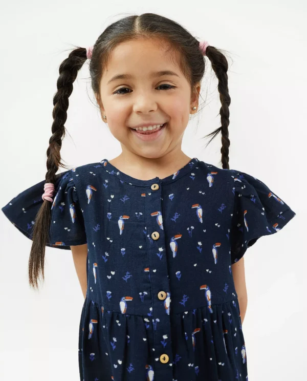 Milla Star Girls' Navy Blue Toucan Print Tiered Dress - Short Sleeve, Size 98