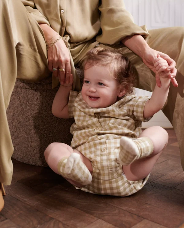 NANJA MASSY Baby Romper – Beige Gingham, Size 6–9 Months