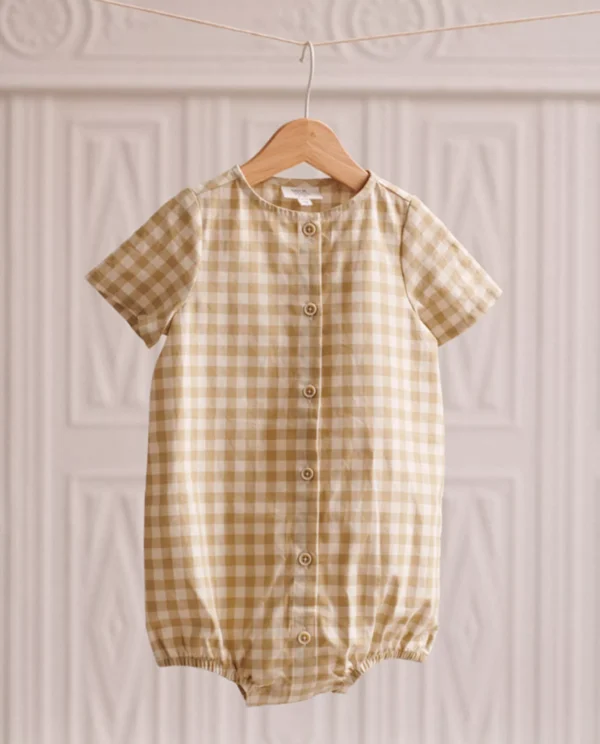 NANJA MASSY Baby Romper – Beige Gingham, Size 6–9 Months