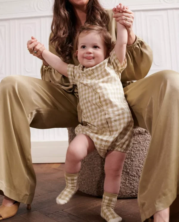 NANJA MASSY Baby Romper – Beige Gingham, Size 6–9 Months