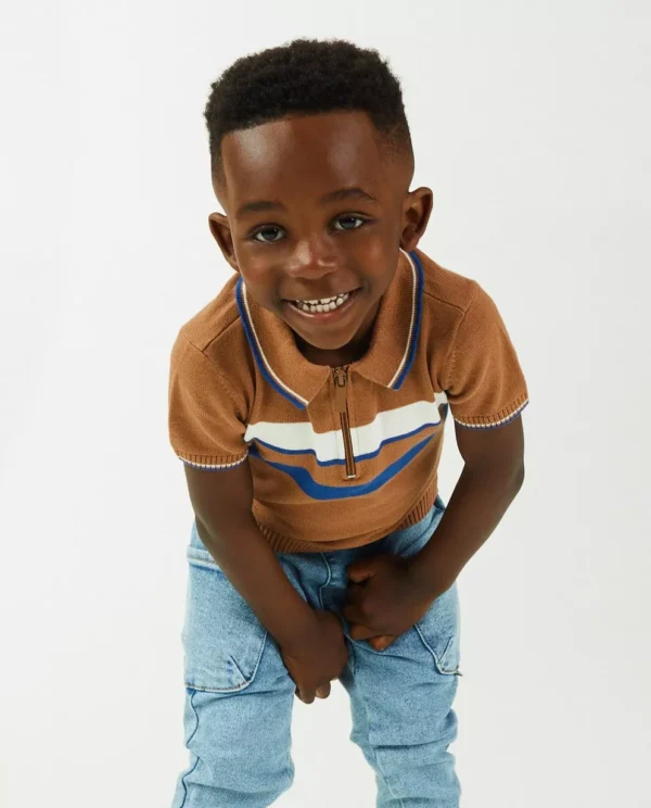Kids Nation Toddler Boys' Brown Striped Knit Polo Shirt with Zip