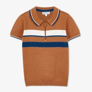 Kids Nation Toddler Boys' Brown Striped Knit Polo Shirt with Zip