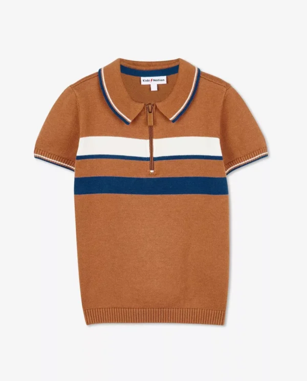 Kids Nation Toddler Boys' Brown Striped Knit Polo Shirt with Zip