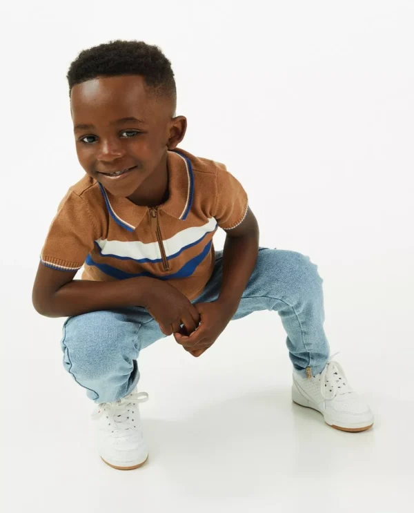 Kids Nation Toddler Boys' Brown Striped Knit Polo Shirt with Zip