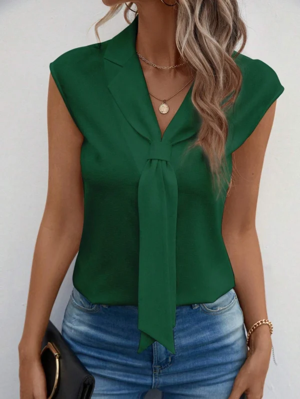 UUE Women's Emerald Green V-Neck Tie-Front Cap Sleeve Blouse - Size L