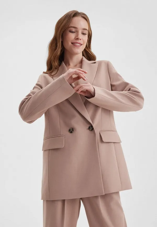 RESERVED Double-Breasted Longline Blazer in Nude/Beige