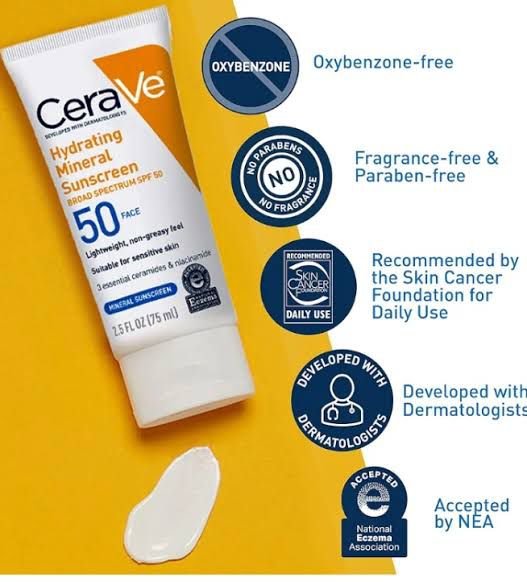 CeraVe Hydrating Mineral Sunscreen SPF 50 for Face – Lightweight, Non-Greasy, Suitable for Sensitive Skin