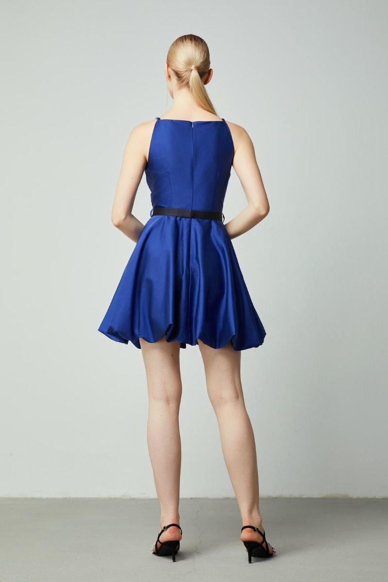 Cobalt Blue Halter Mini Dress with Bubble Skirt and Black Belt - FIME9