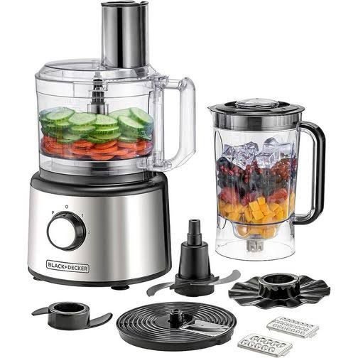 BLACK+DECKER 2-in-1 Food Processor and Blender Combo. This powerful, space-saving appliance easily handles all your food prep, from chopping and slicing in the processor bowl to making smoothies and purees with the blender jar. Get dual functionality with one sleek base.