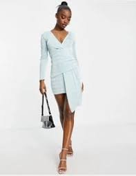 Light Blue Sequin-Effect Wrap Mini Dress with Long Sleeves - ISAW IT FIRST