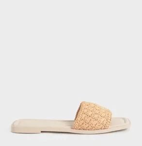 Charles & Keith Woven Square-Toe Slide Sandals - Nude/Beige