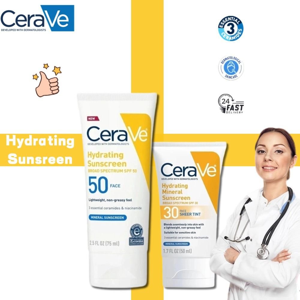 CeraVe Hydrating Mineral Sunscreen SPF 50 for Face – Lightweight, Non-Greasy, Suitable for Sensitive Skin