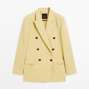 Women's Double-Breasted Linen Blend Blazer - Pale/Lemon Yellow