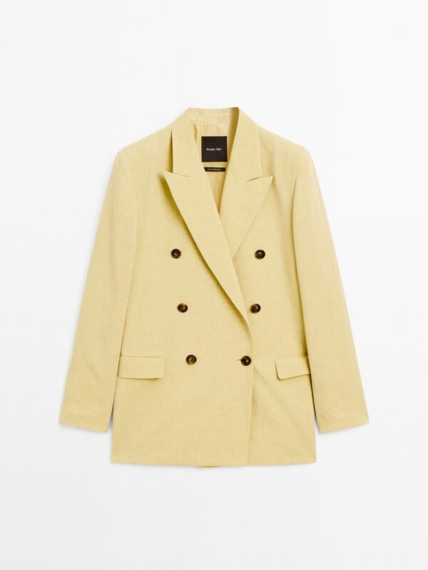Women's Double-Breasted Linen Blend Blazer - Pale/Lemon Yellow