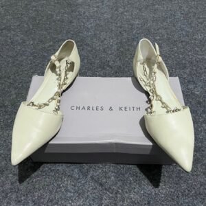Charles & Keith Chain and Pearl Embellished Pointed Flats - Cream/Chalk