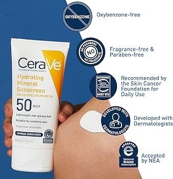 CeraVe Hydrating Mineral Sunscreen SPF 50 for Face – Lightweight, Non-Greasy, Suitable for Sensitive Skin