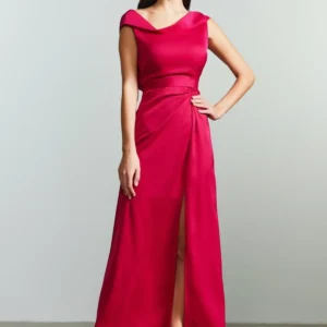 Elegant Magenta Satin Cowl Neck Gown with Thigh Slit - FIME9