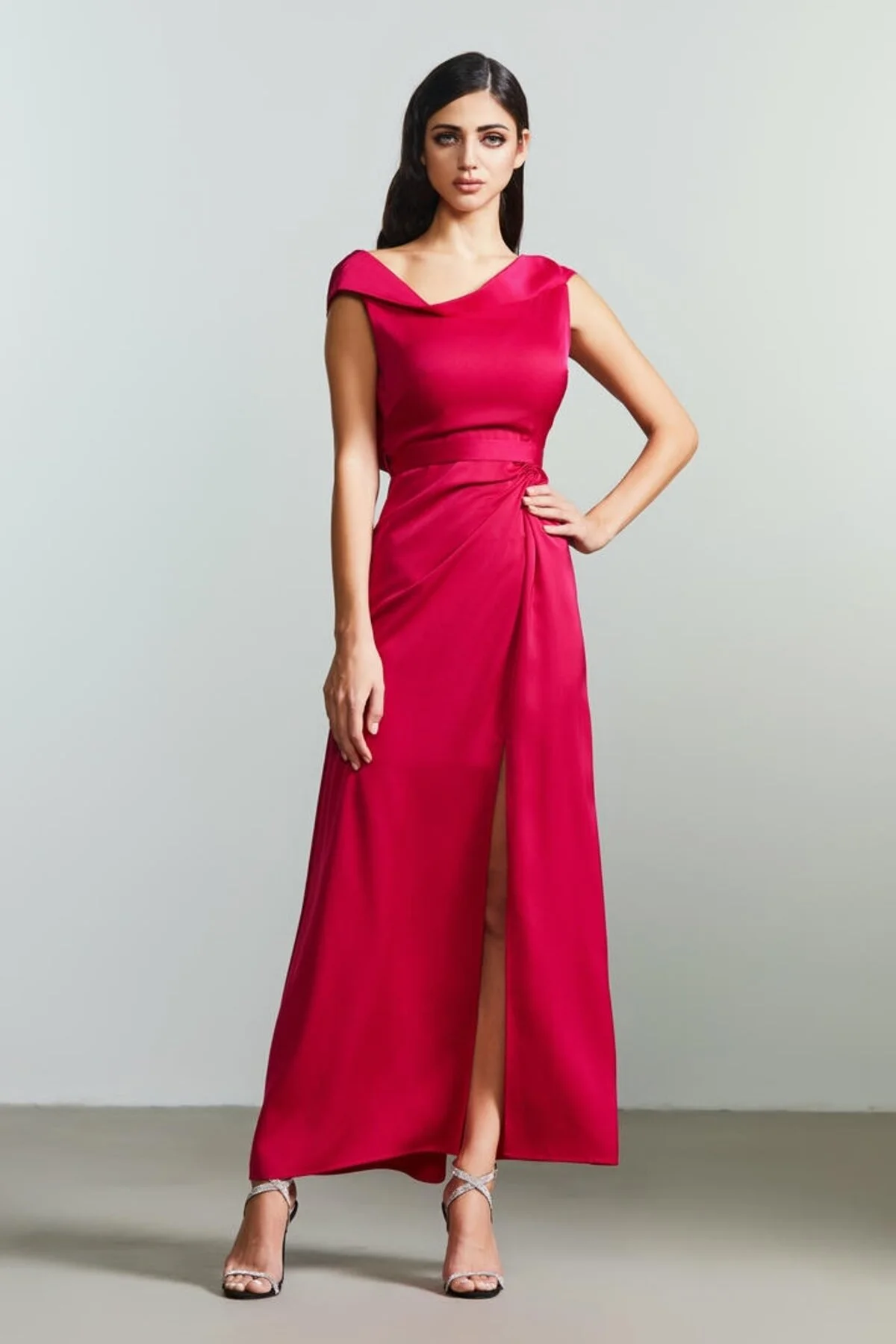 Elegant Magenta Satin Cowl Neck Gown with Thigh Slit - FIME9