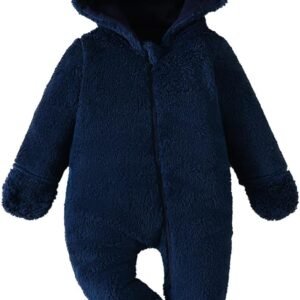Kuniboo Unisex Baby Hooded Fleece Jumpsuit - Cozy Navy Blue Bear Ear Romper for 4-6 Months