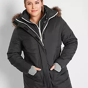 Women's Quilted Padded Winter Coat with Faux Fur Trim Hood and Knitted Cuffs - bonprix
