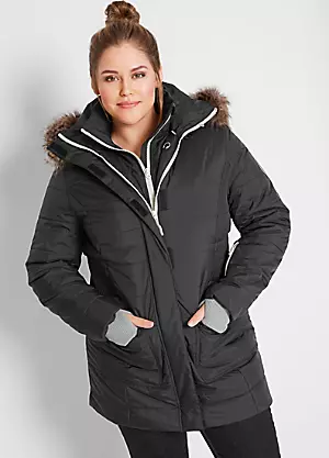Women's Quilted Padded Winter Coat with Faux Fur Trim Hood and Knitted Cuffs - bonprix