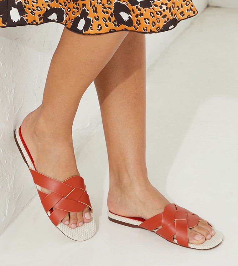 Charles & Keith Terracotta Woven Jute-Effect Flat Slides size 35