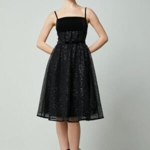 FEMI9 Black Sequin Midi Dress | Velvet Bodice | Cocktail Dress M/L