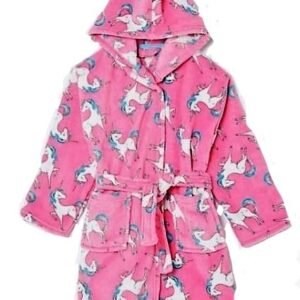 Cozy Kids' Hooded Robe - Pink Fleece Unicorn Print Bathrobe (Size 8/9 Years)