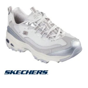Skechers D'Lites White & Silver Women's Retro Training Sneakers - Chunky Design - Air-Cooled Comfort (Size 37)