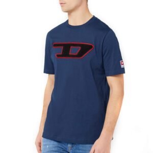 DIESEL Men's Navy Blue T-Shirt with Embroidered Red 'D' Logo and Sleeve Patch