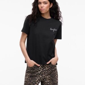 Vila Embroidered 'Bonjour' Heart T-Shirt - Classic Black